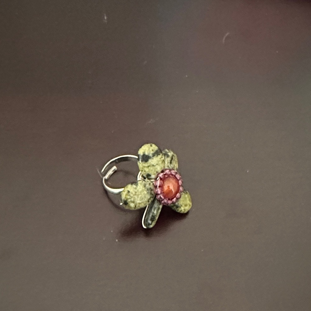 Handcrafted Green Flower Ring with Coral Center